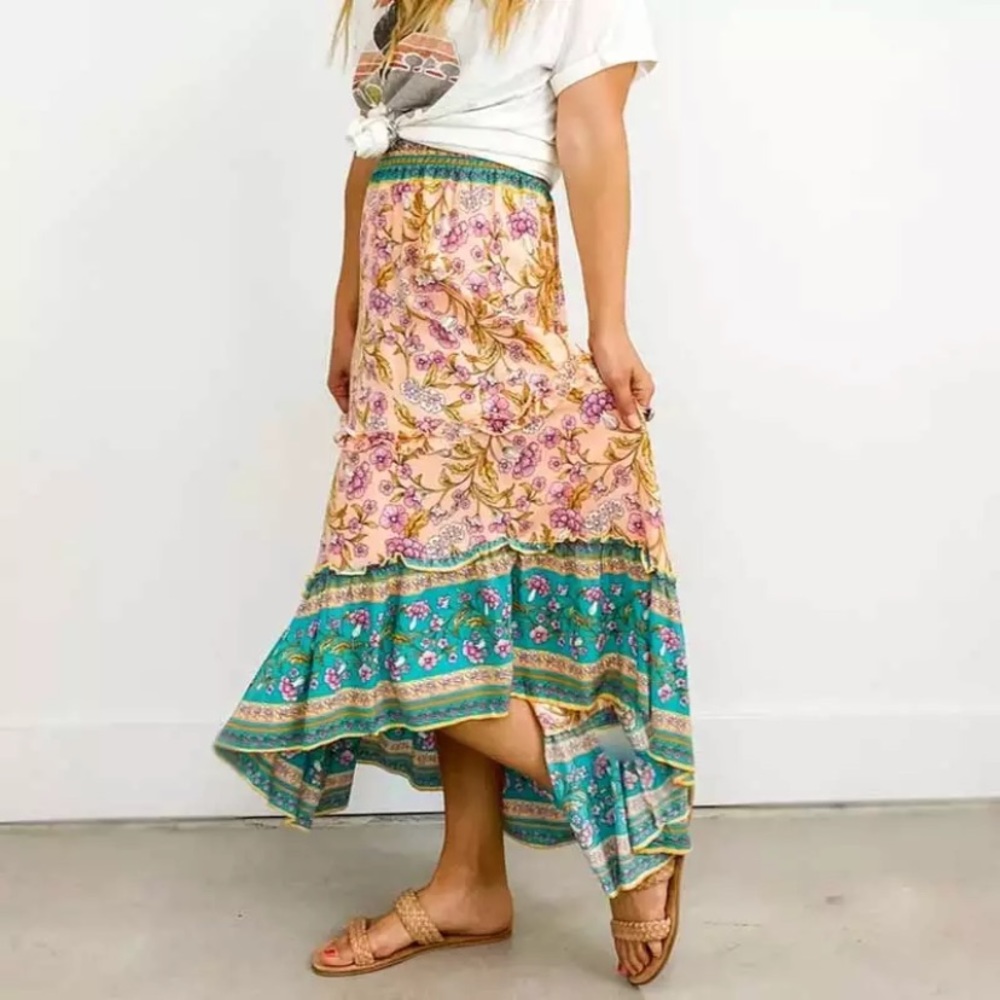 Bohemian Floral Gypsy Elastic Smocked Waist Skirt - Picture 2 of 7
